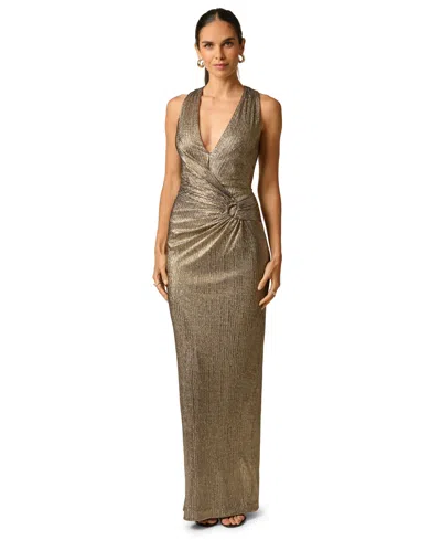 Adrianna Women's V-neck Metallic Knit Dress In Gold