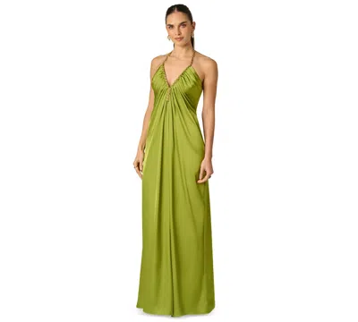 Adrianna Women's V-neck Satin Long Dress In Green