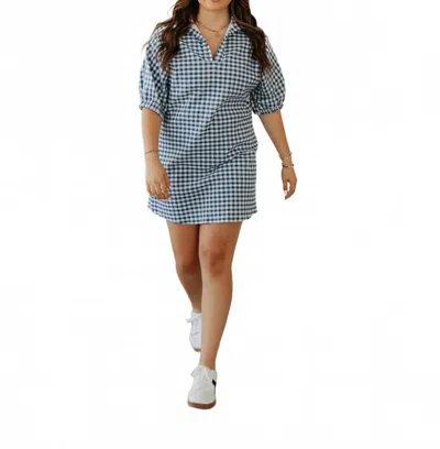 Adrienne Charolette Stand Collar Drop Shoulder Dress In Navy Gingham In Blue