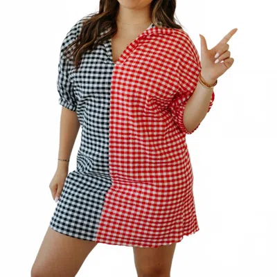 Adrienne Charolette Stand Collar Drop Shoulder Dress In Red Black Gingham