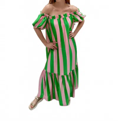 Adrienne Clarise Spring Fling Off Shoulder Maxi Dress In Green And Pink Striped In Multi