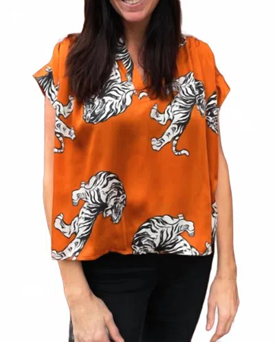 Adrienne Emerson Placket Shirred Sleeve Band Top In Golden Tigress In Orange