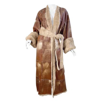Pre-owned Adrienne Landau 1990s  Distressed Leather Fur Vintage 90s Trench Jacket Coat In Brown