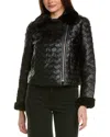 Adrienne Landau Woven Faux Leather With Faux Fur Lining Moto Jacket In Black