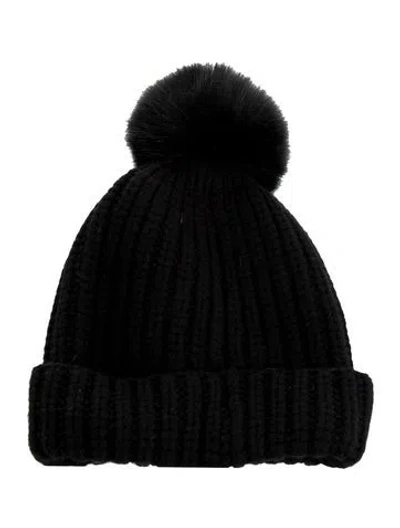 Pre-owned Adrienne Landau Black Wool Knitted W. Fur Trim Pom Pom Embellishment  W/tags