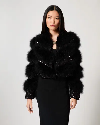 Adrienne Landau Blair Sparkle Tweed & Maribou Feather Jacket In Black