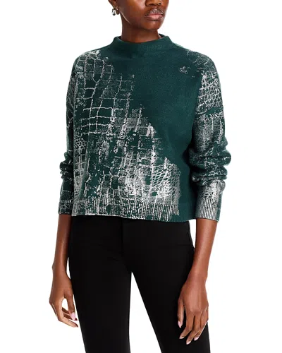 Adrienne Landau Crocodile Foil Print Funnel Neck Sweater In Green Gables