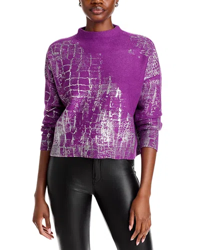 Adrienne Landau Crocodile Foil Print Funnel Neck Sweater In Sparkling Grape