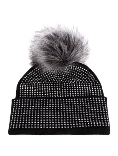 Pre-owned Adrienne Landau Crystalized Polyester Beanie In Black
