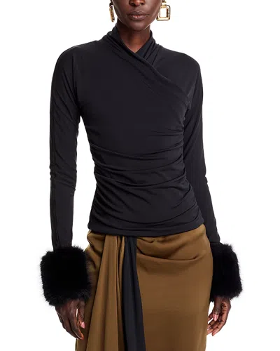 Adrienne Landau Faux Fur Cuff Top In Jet Black