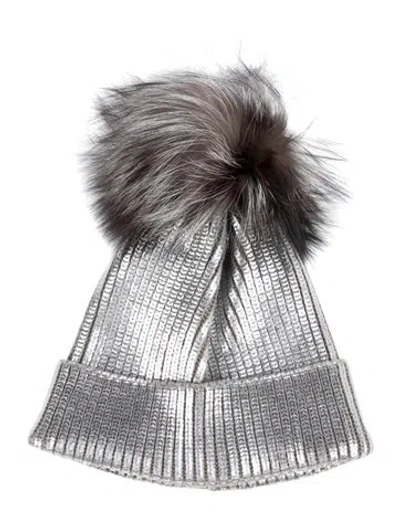 Pre-owned Adrienne Landau Fur Trim Beanie Hat W/tags In Gray