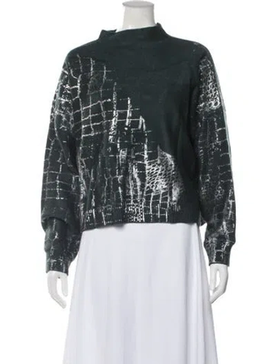 Pre-owned Adrienne Landau Patterned Mock Neck Sweater In Green