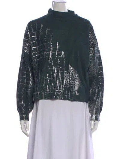 Pre-owned Adrienne Landau Patterned Mock Neck Sweater In Green