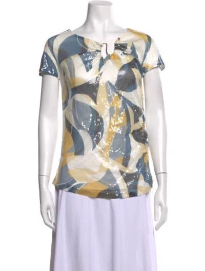 Pre-owned Adrienne Landau Patterned V-neck Top In White