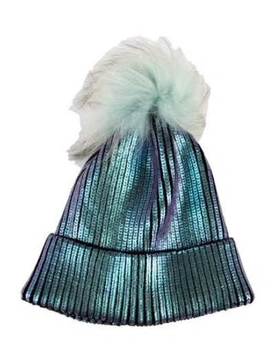 Pre-owned Adrienne Landau Real Fur Trimmed Beanie. In Purple