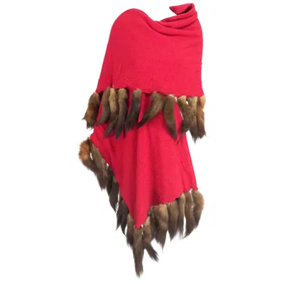 Pre-owned Adrienne Landau Red Wool Knit Shawl With Mink Tail Trim 1980s