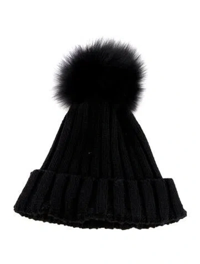 Pre-owned Adrienne Landau Ribbed Pom Beanie In Black