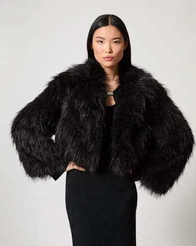 Adrienne Landau Shaggy Cropped Mongolian Faux Fur Jacket In Black