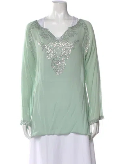 Pre-owned Adrienne Landau Silk Patterned Blouse In Green