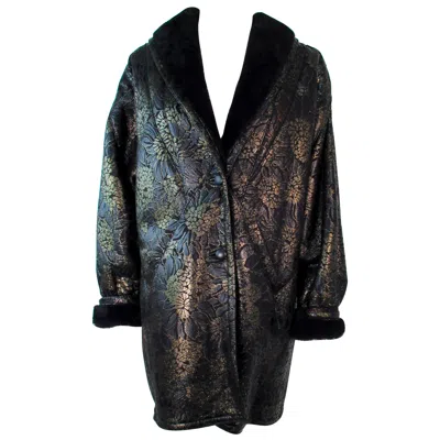 Pre-owned Adrienne Landau Spanish Shearling Leather Metallic Floral Pattern Coat Size 6 8 In Black