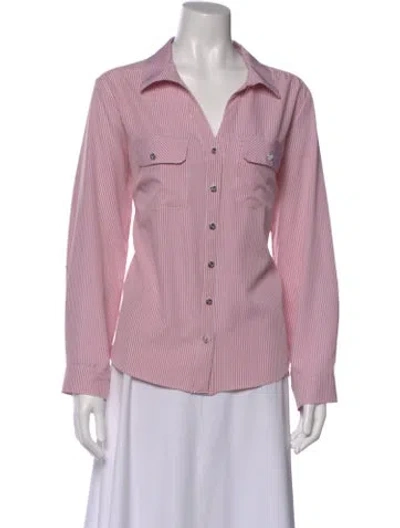 Pre-owned Adrienne Landau Striped V-neck Button-up Top In Pink