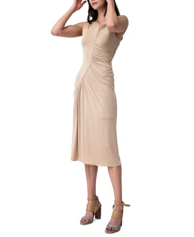 Adrienne Landau Women's Asymmetric-neck Shirred Midi Dress In Cornstalk Beige