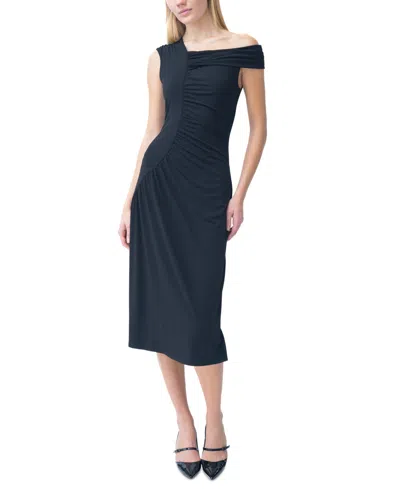 Adrienne Landau Women's Asymmetric-neck Shirred Midi Dress In Jet Black