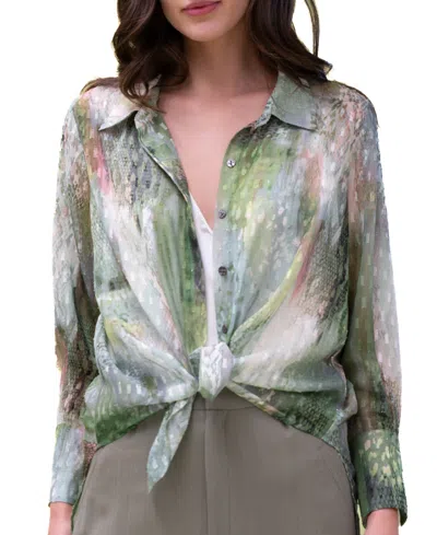 Adrienne Landau Women's Button-front High-low Woven Top In Green Print