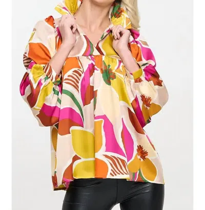 Adrienne Morgan High Ruffle Collar Top In Golden Poppy In Multi
