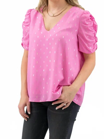 Adrienne Ruched Sleeve V-neck Barbie Top In Pink