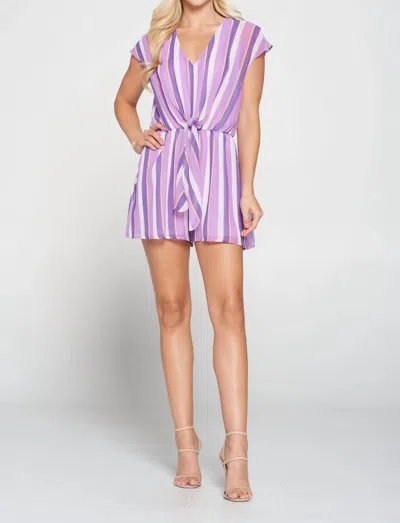 Adrienne Stripe Drop Shoulder Tie Romper In Multi Color In Purple