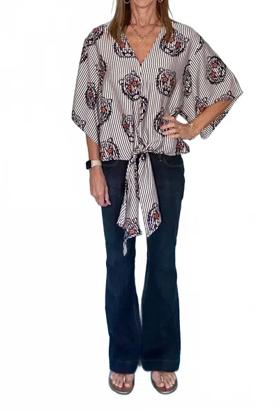Adrienne Striped Stargazer Front Tie Kimono Sleeve Top In Multi