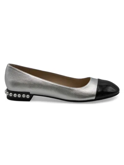 Adrienne Vittadini Women's Corsage Studded Ballet Flats In Silver