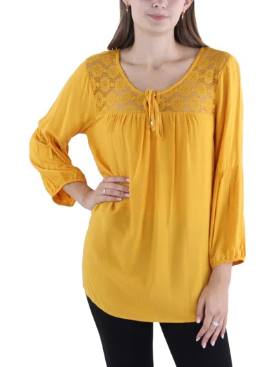 Adrienne Vittadini Womens Lace Trim Pullover Peasant Top In Gold