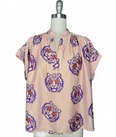 Adrienne Women's Placket Shirred Sleeve Band Top In Bulldogs In Multi