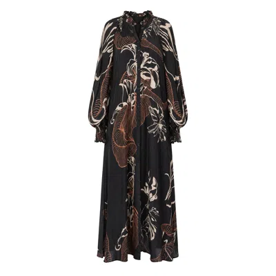 Adrift Clothing Women's Black Gianna Shirred Dress In Floral Terrain