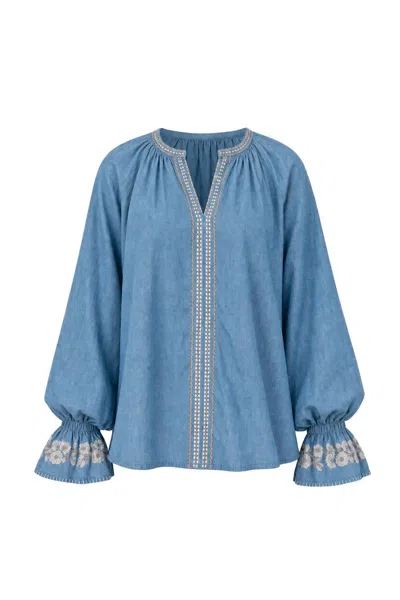Adrift Clothing Women's Blue Robin Chambray Frill Blouse In Eterna
