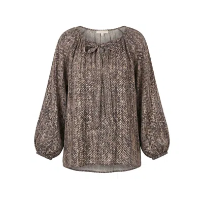 Adrift Clothing Women's Neutrals Nova Tie Neck Blouse In Herringbone In Brown