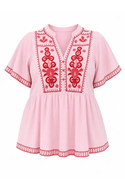 Adrift Clothing Women's Pink / Red Elodie Flutter Sleeve Blouse In Rosita In Pink/red