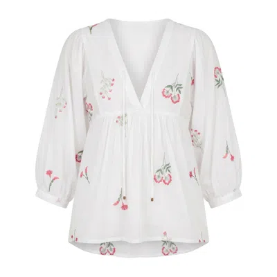 Adrift Clothing Women's White Cairo Boho Blouse In Sunlit Grove