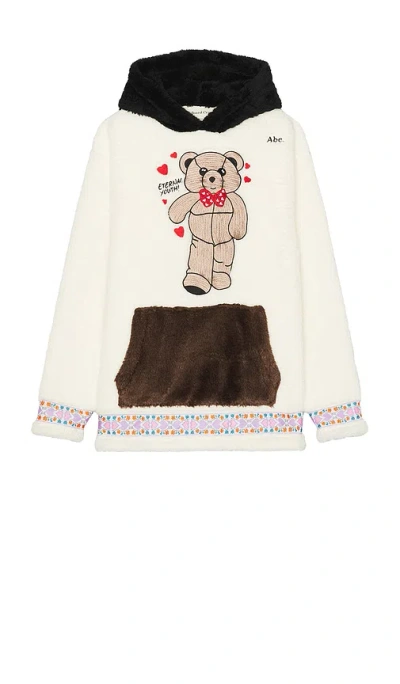 Advisory Board Crystals Bear Patch Boa Fleece Pullover Hoodie In Ecru