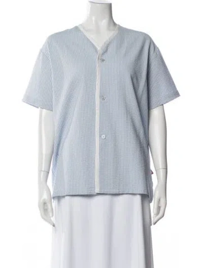 Pre-owned Advisory Board Crystals Striped V-neck Button-up Top In Blue/white