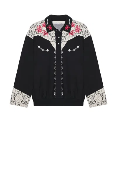 Advisory Board Crystals Western Shirt Style Collared Crew In Black & Ecru Lace