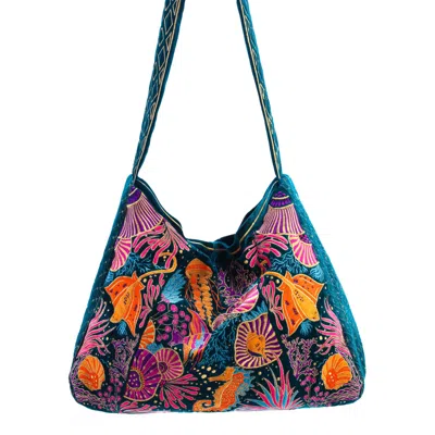 Aeka Boho Woman Women's The Azores Luxe Tote - Oversized Velvet Embroidered Tote Bag - Green