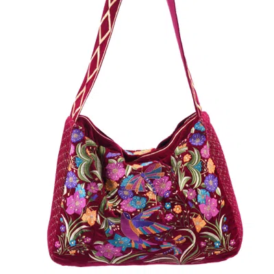 Aeka Boho Woman Women's The Selena Luxe Tote - Large Embroidered Velvet Tote Bag - Berry Red
