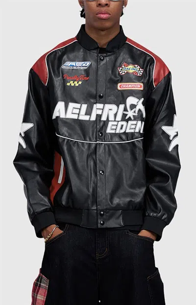 Aelfric Eden Men's Racing Faux Leather Jacket In Black In Blue