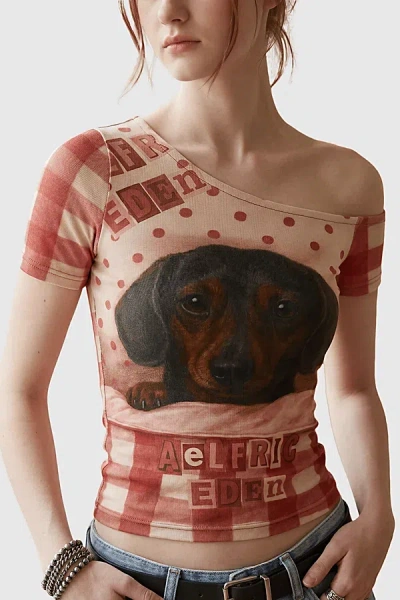 Aelfric Eden Polka Dot Dachshund Off-the-shoulder Tee In Red, Women's At Urban Outfitters