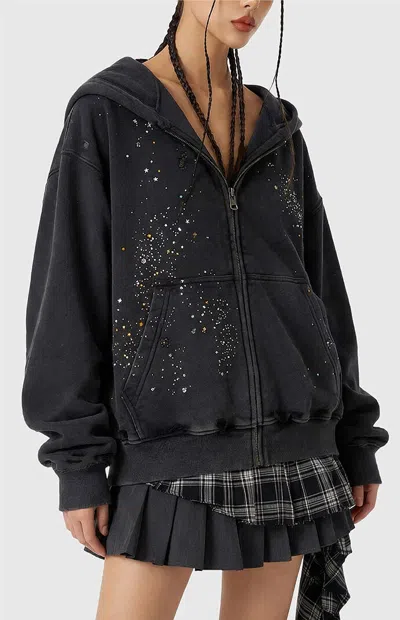 Aelfric Eden Women's Boxy Rhinestone Zip Up Hoodie In Black In Blue