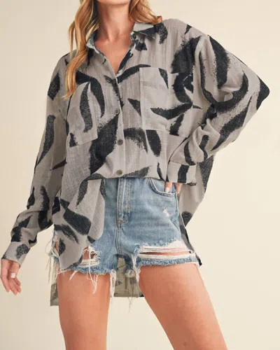 Aemi + Co Elodie Linen Printed Button Up Shirt In Grey And Black In Gray