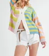 Aemi + Co Pastel V Neck Button Closure Cardigan In Multi Color Striped In Multi